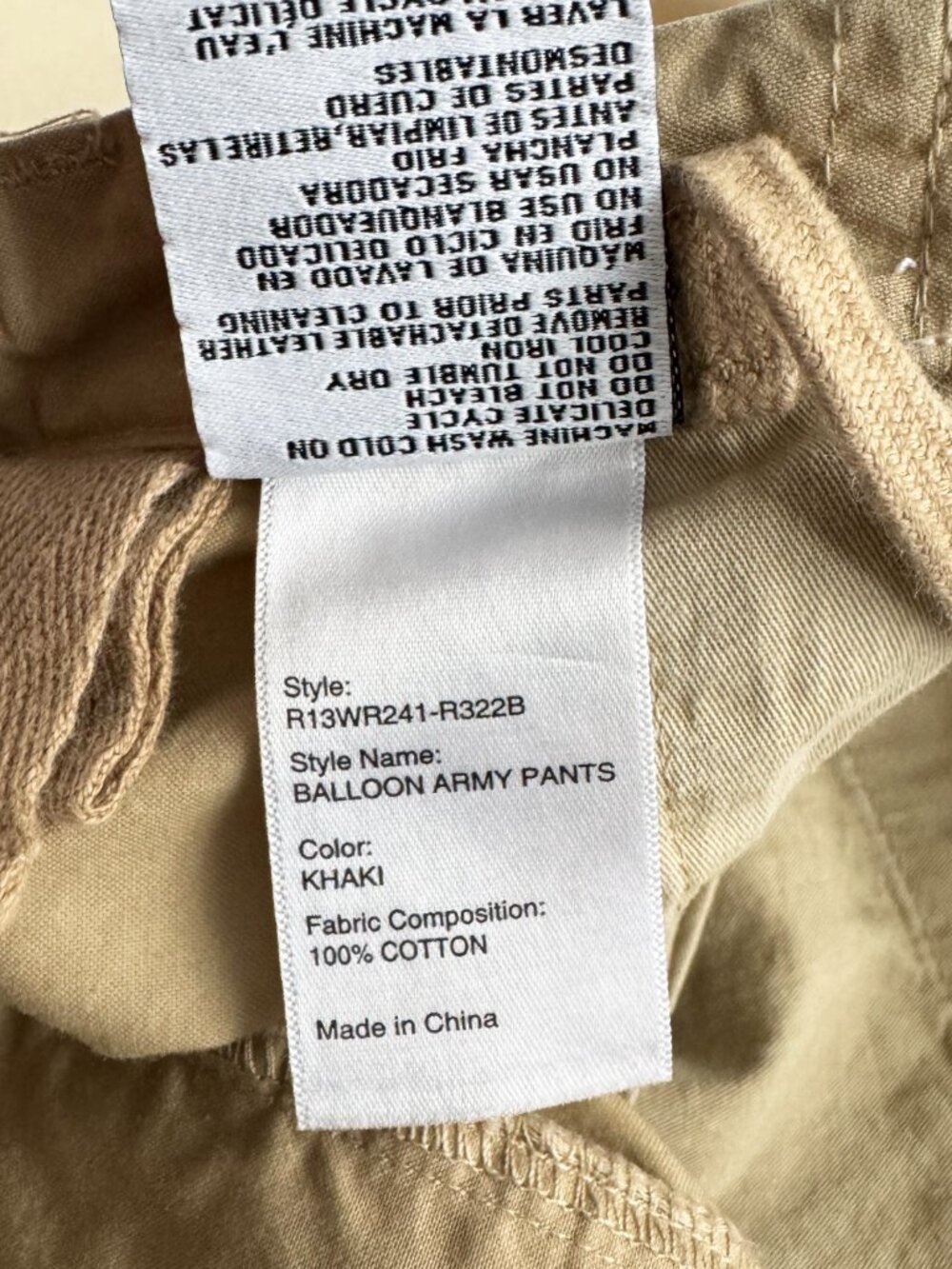R13 Balloon Army cargo trousers in Khaki, size Small. Fits size S/M - Picture 12 of 15